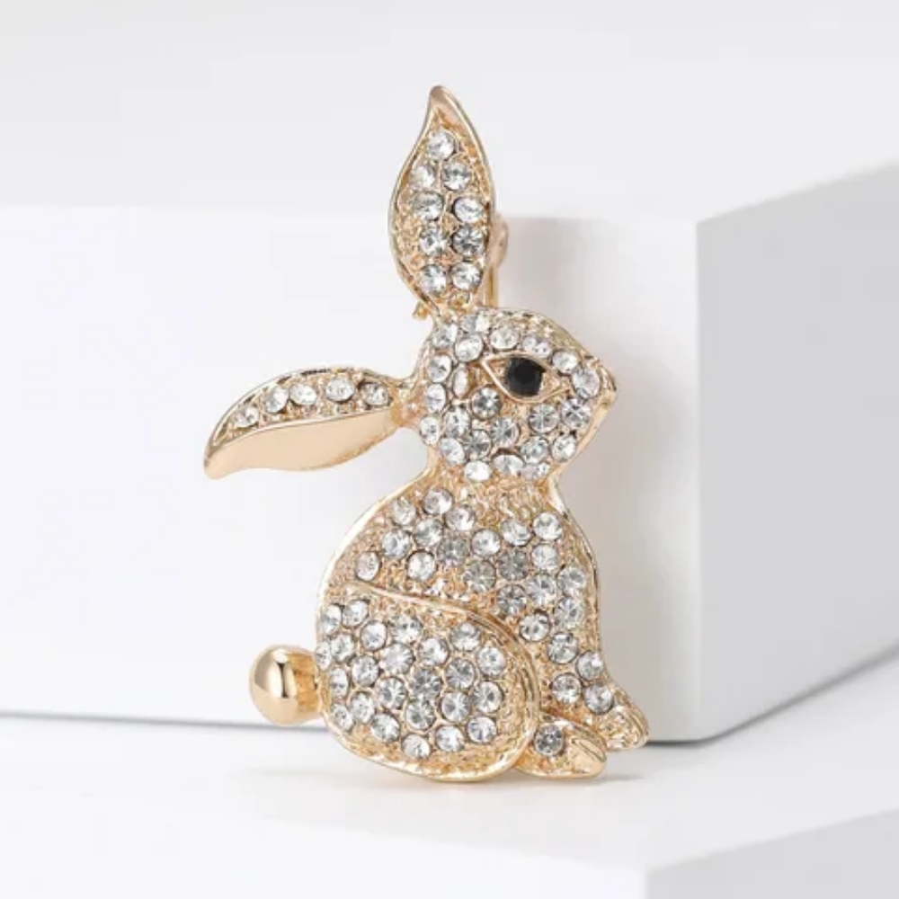 Lovely Rhinestone Rabbit Gold Brooch 2 1/4"